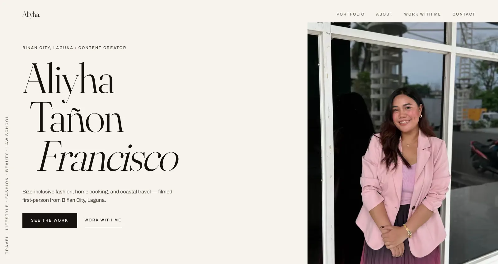 aliyhafrancisco.com hero on desktop: large serif name, a one-line description, and a portrait photo.