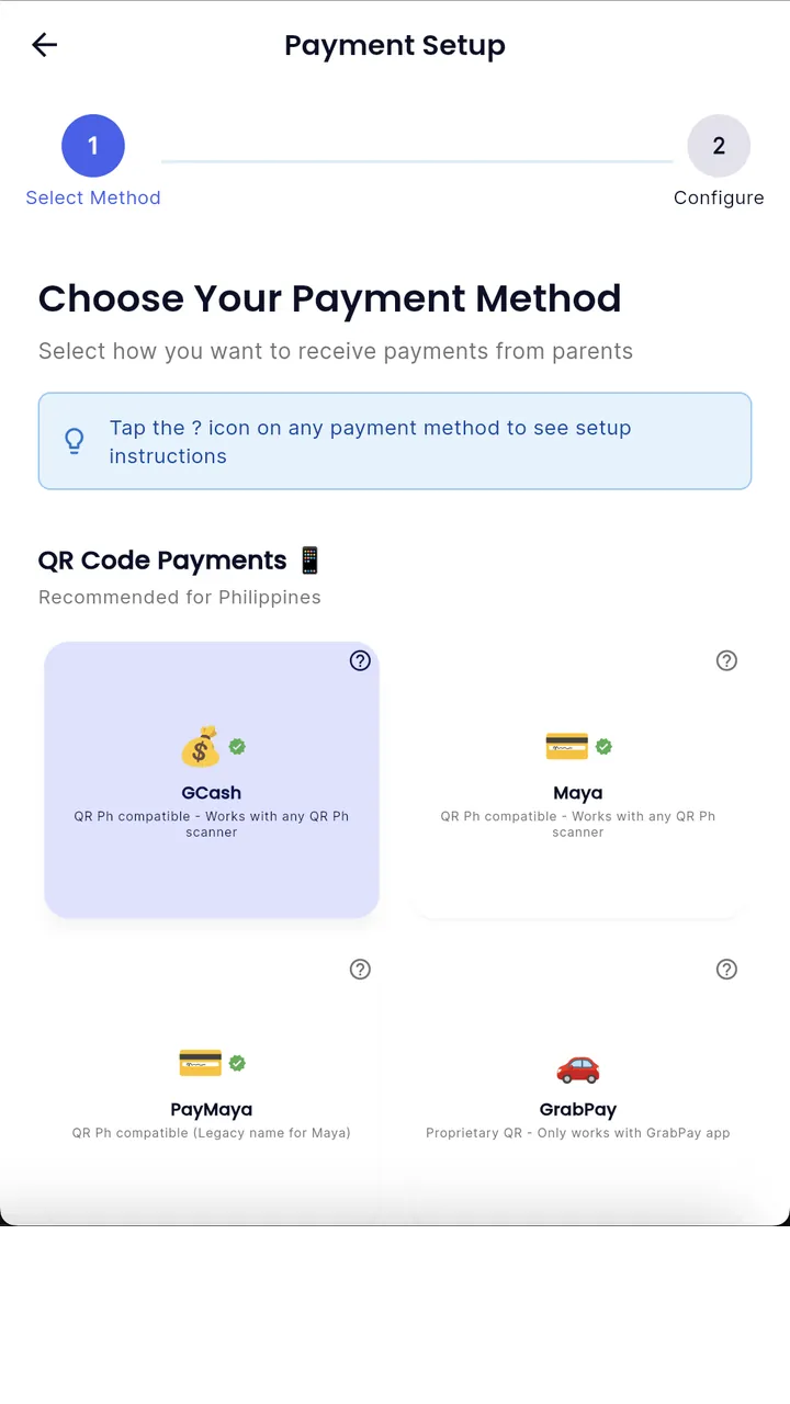 KwayGo: the Payment Setup screen offering GCash, Maya, PayMaya, and GrabPay.