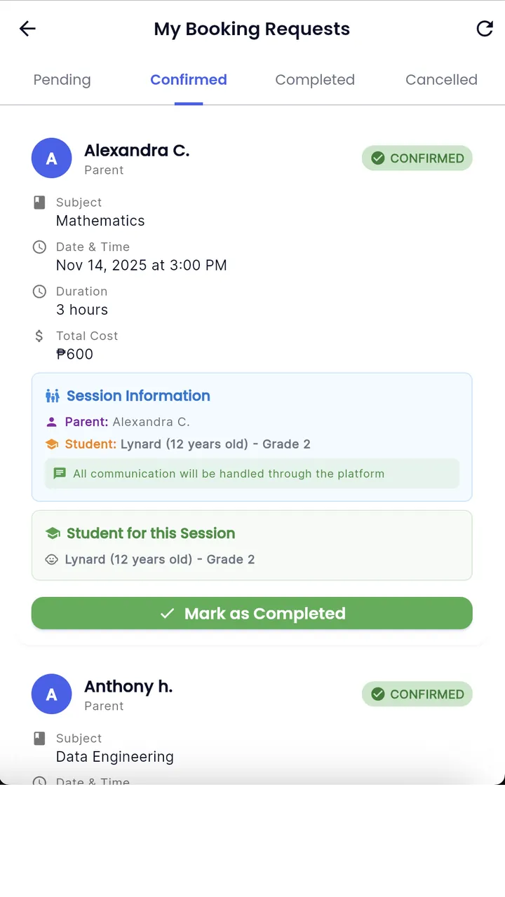 KwayGo: the My Booking Requests screen showing a confirmed mathematics session.