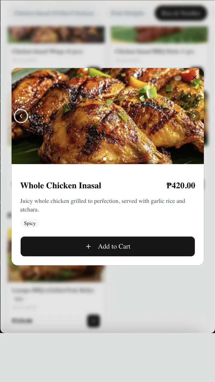 MenuQR PH: an item detail sheet with photo, description, price, and Add to Cart button.